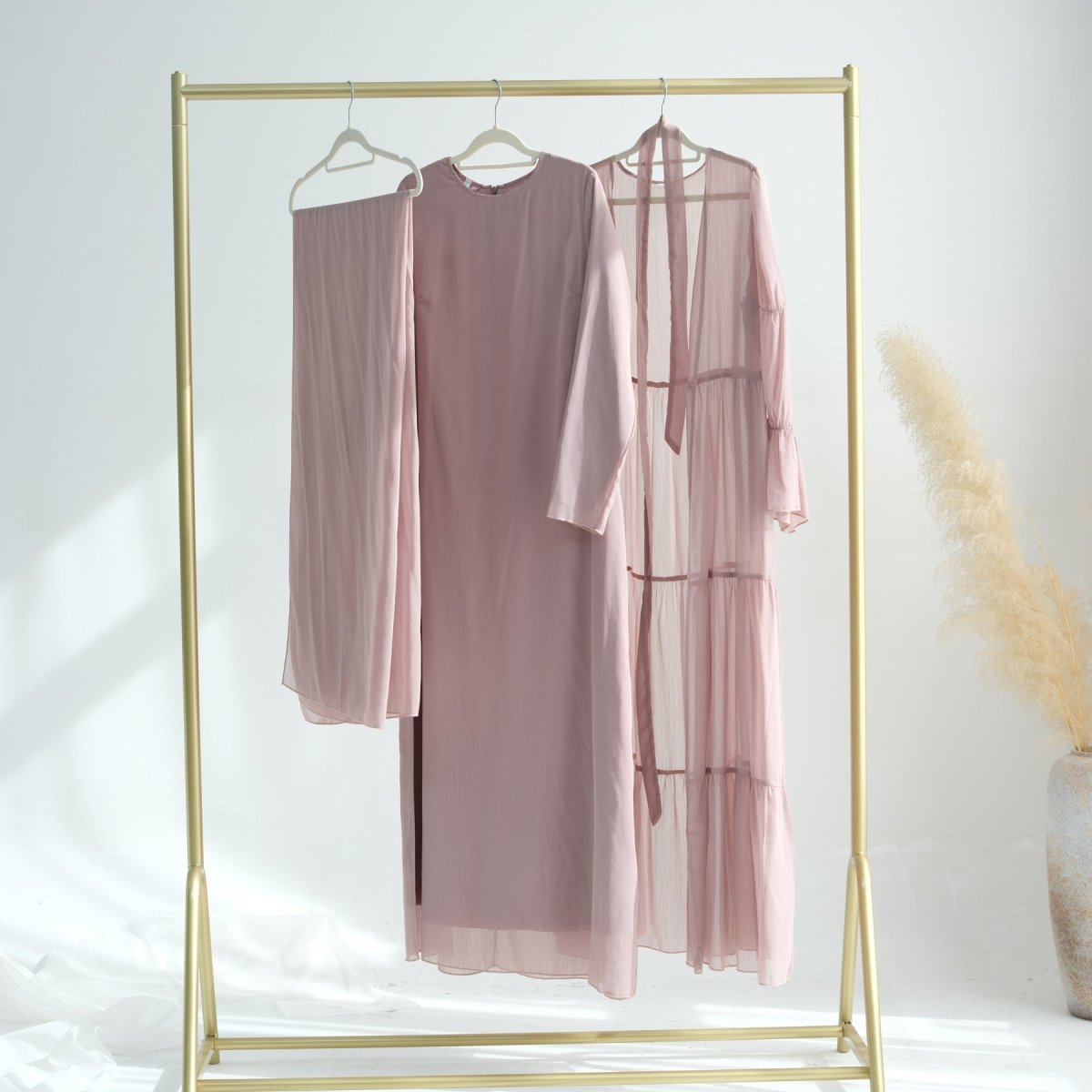 Elegant Chiffon Wrinkle Three - Piece Set Modest Muslim Abaya (MOA155) - Mariam's Collection