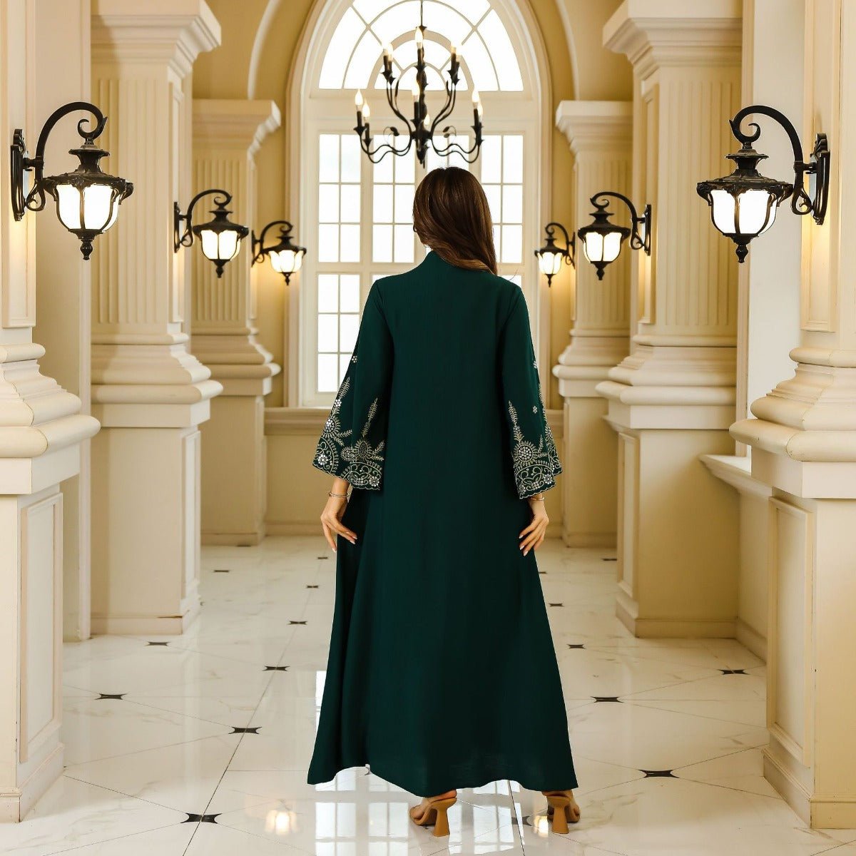 Elegant Embroidered Abaya Gown | Gold Thread & Sequin Maxi Dress with Flared Sleeves(MA285) - Mariam's Collection