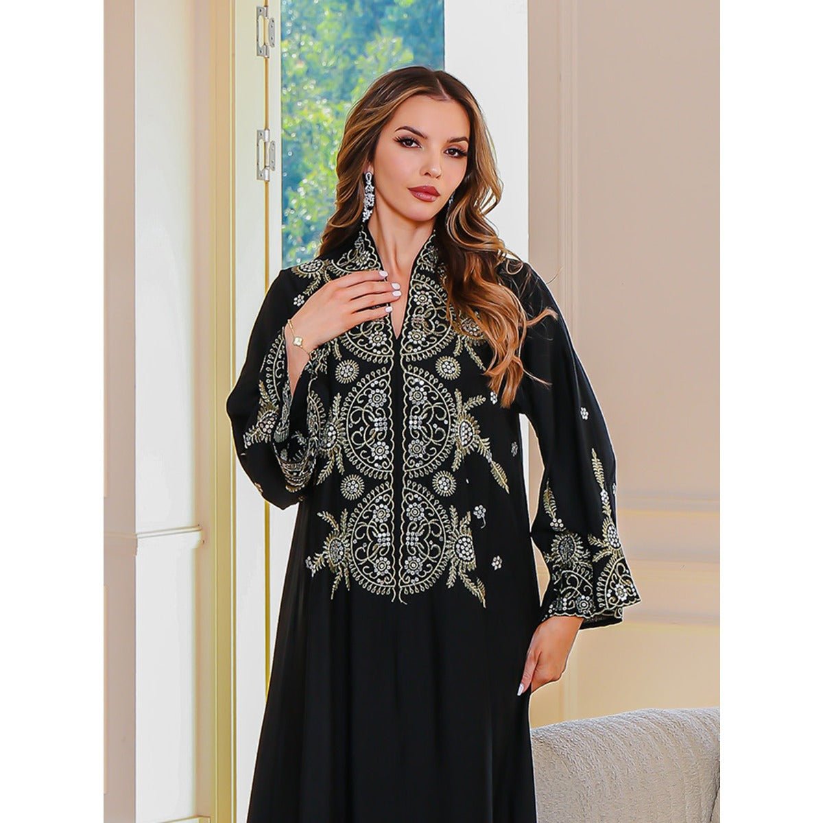 Elegant Embroidered Abaya Gown | Gold Thread & Sequin Maxi Dress with Flared Sleeves(MA285) - Mariam's Collection