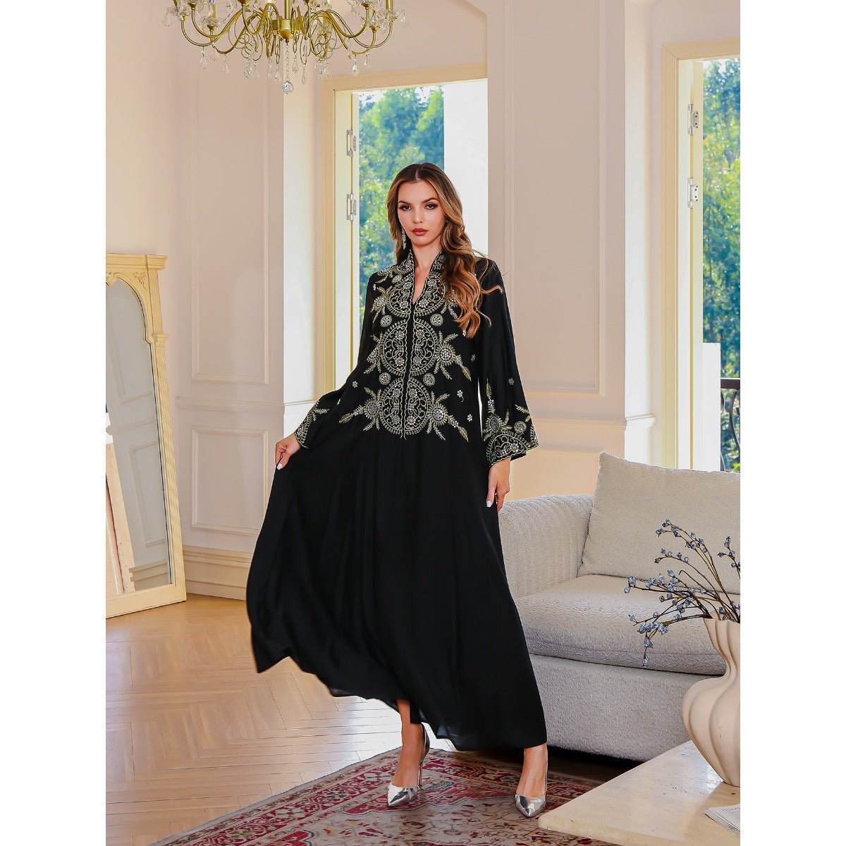 Elegant Embroidered Abaya Gown | Gold Thread & Sequin Maxi Dress with Flared Sleeves(MA285) - Mariam's Collection