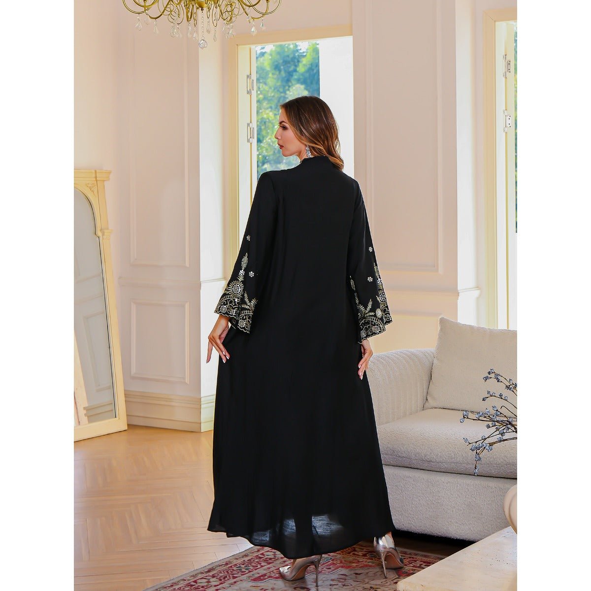 Elegant Embroidered Abaya Gown | Gold Thread & Sequin Maxi Dress with Flared Sleeves(MA285) - Mariam's Collection