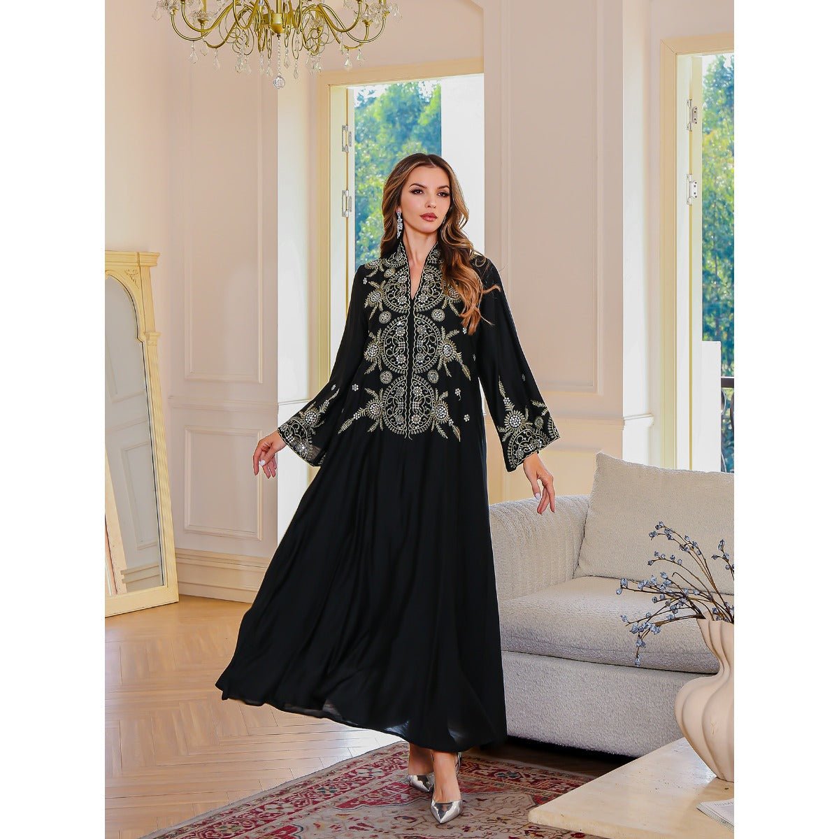 Elegant Embroidered Abaya Gown | Gold Thread & Sequin Maxi Dress with Flared Sleeves(MA285) - Mariam's Collection