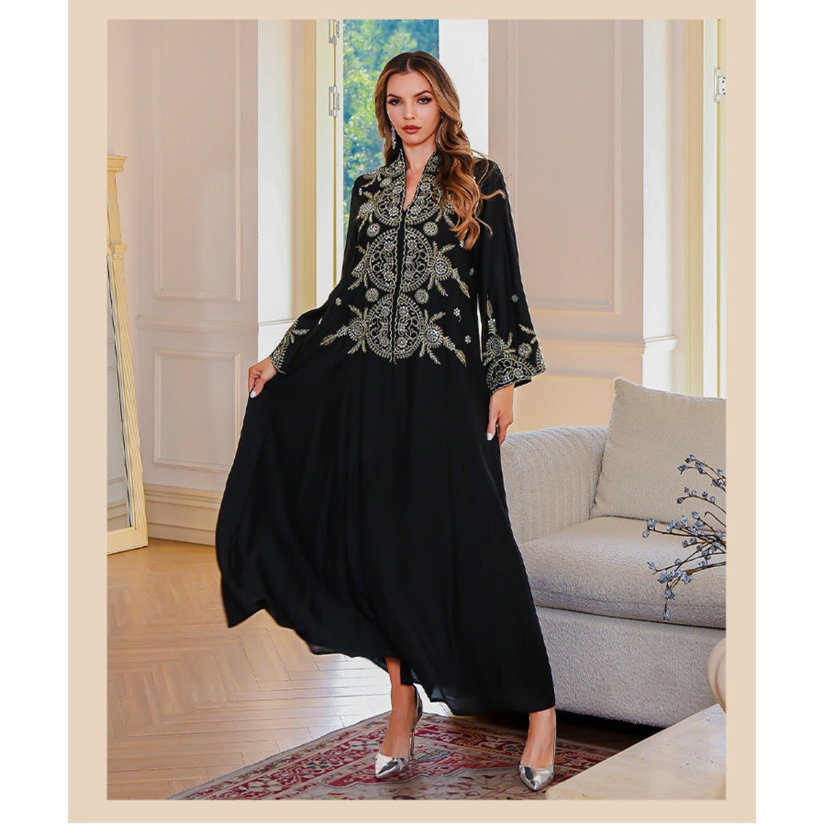 Elegant Embroidered Abaya Gown | Gold Thread & Sequin Maxi Dress with Flared Sleeves(MA285) - Mariam's Collection