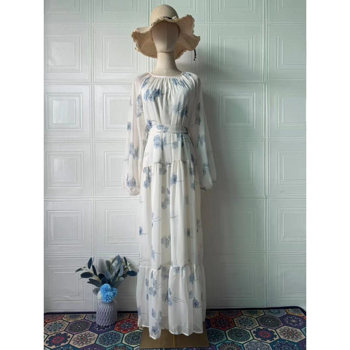 Elegant Floral Print Puff Sleeve Maxi Dress Abaya with Waist Tie & Tiered Skirt. (MA196) - Mariam's Collection