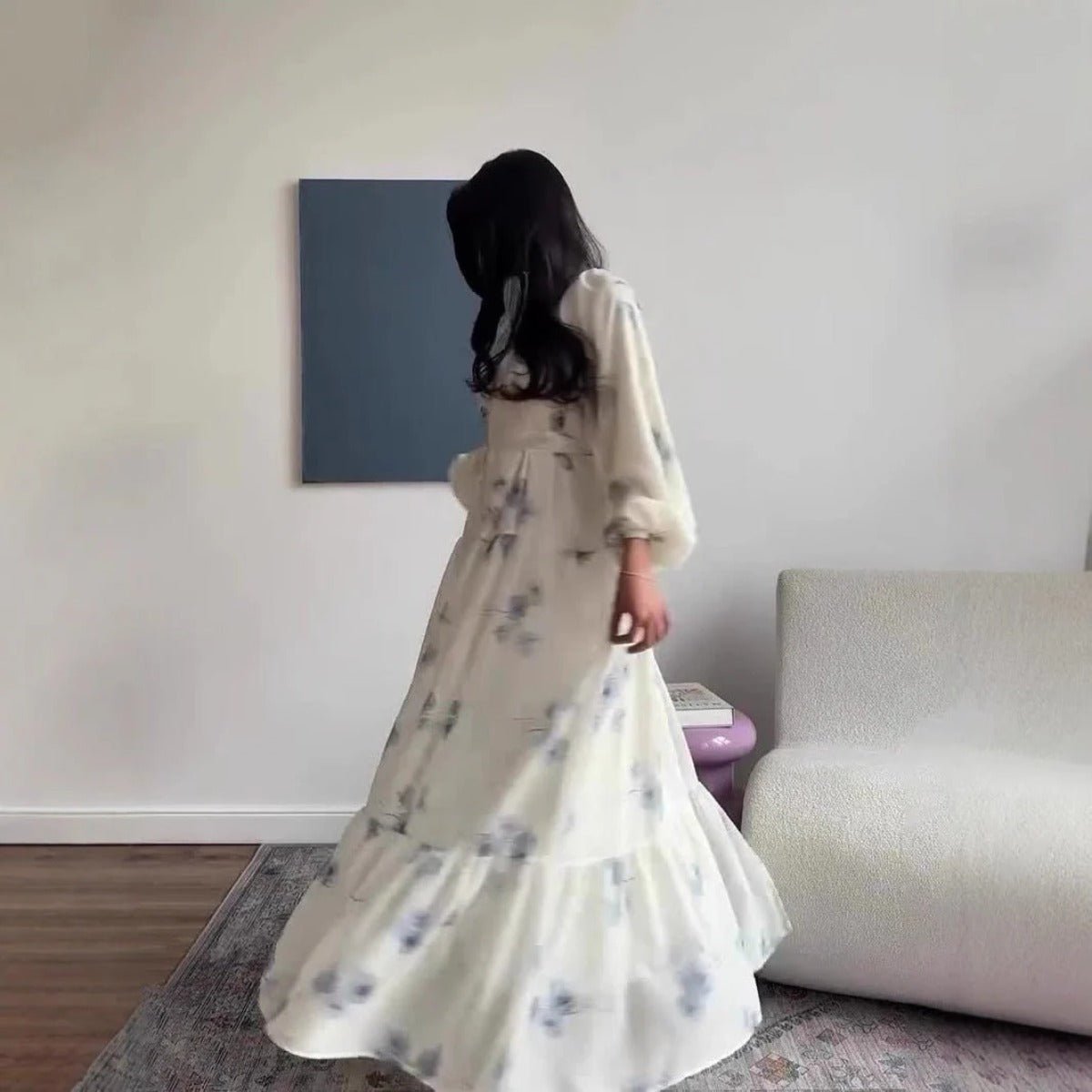 Elegant Floral Print Puff Sleeve Maxi Dress Abaya with Waist Tie & Tiered Skirt. (MA196) - Mariam's Collection