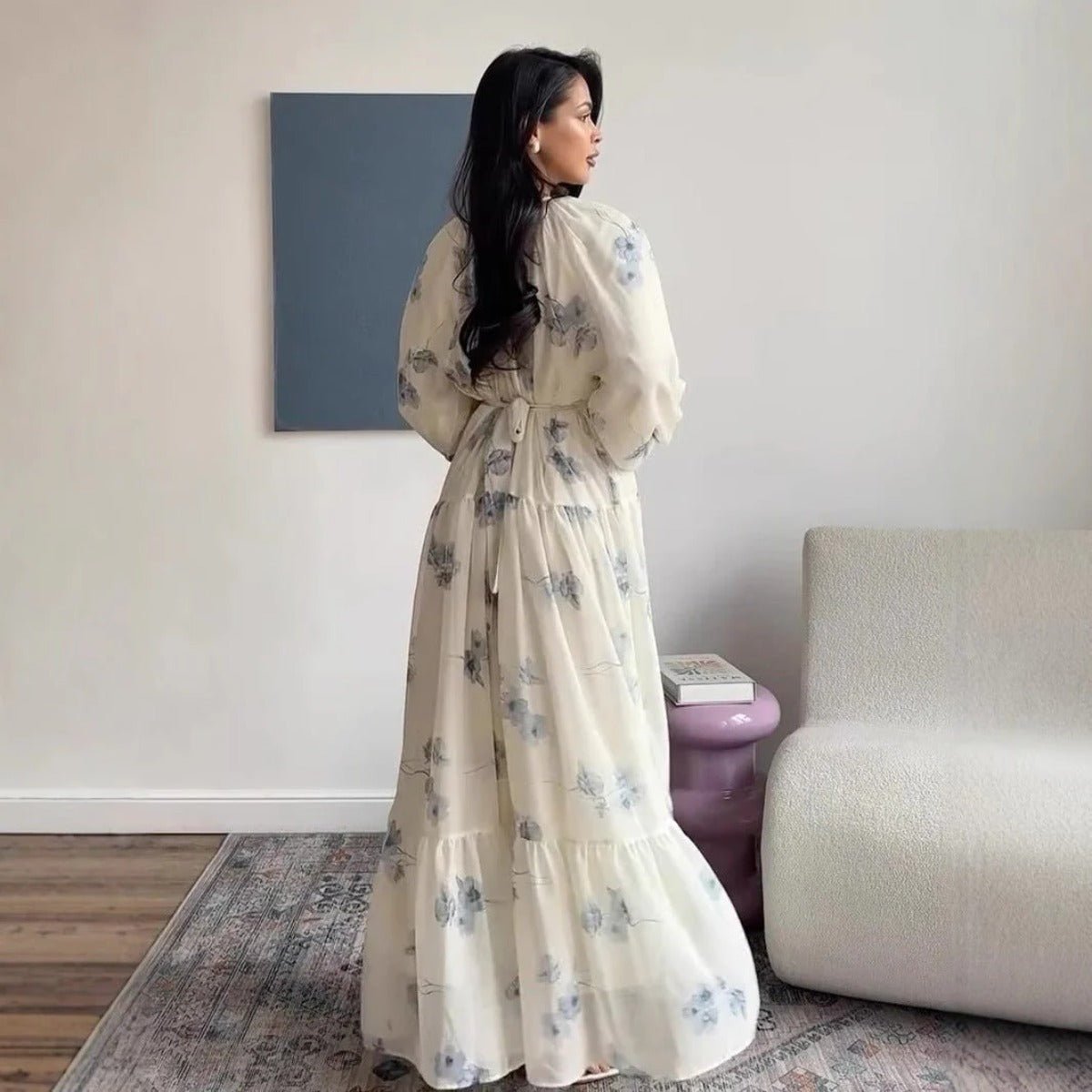 Elegant Floral Print Puff Sleeve Maxi Dress Abaya with Waist Tie & Tiered Skirt. (MA196) - Mariam's Collection