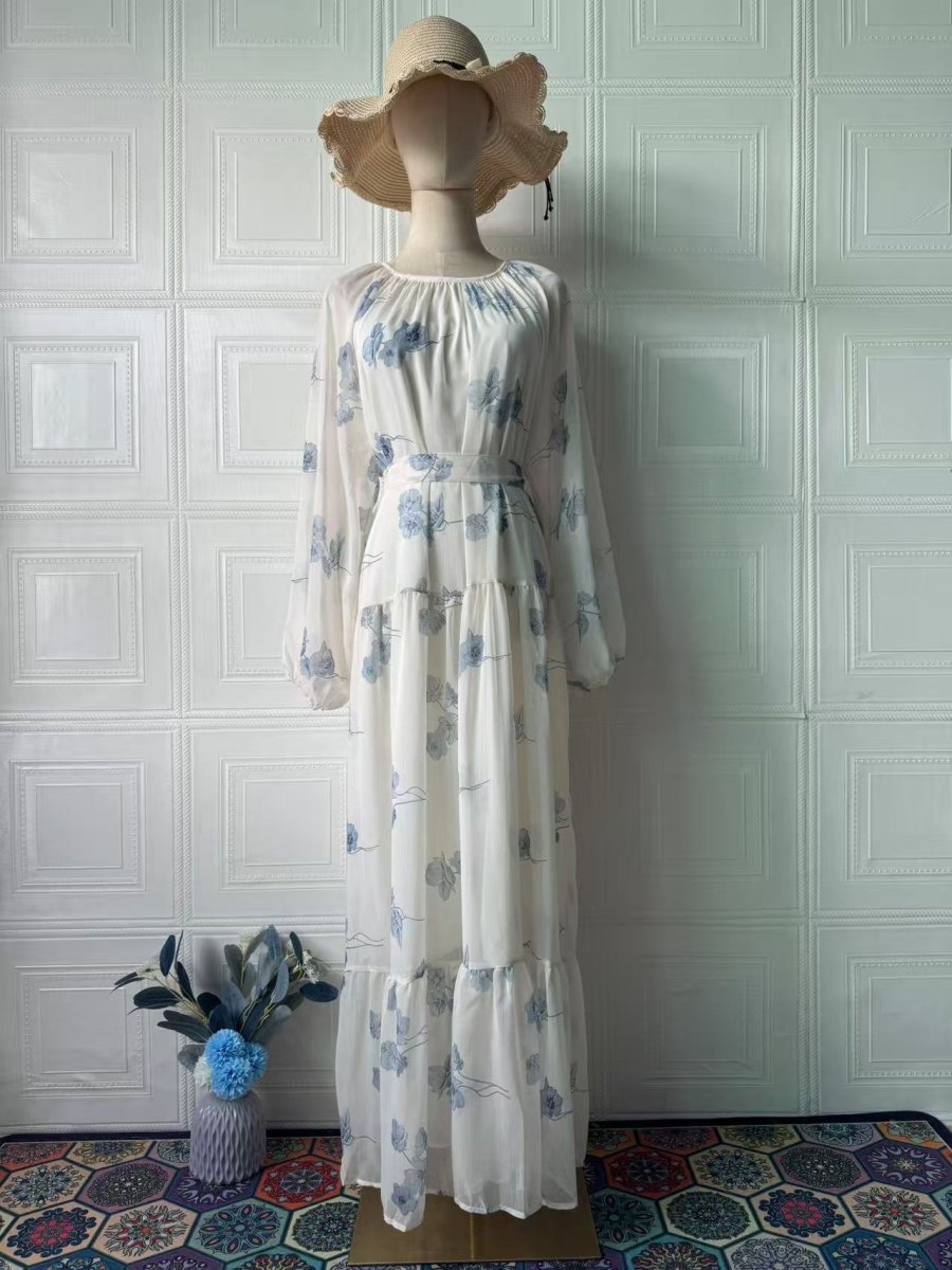 Elegant Floral Print Puff Sleeve Maxi Dress Abaya with Waist Tie & Tiered Skirt. (MA196) - Mariam's Collection