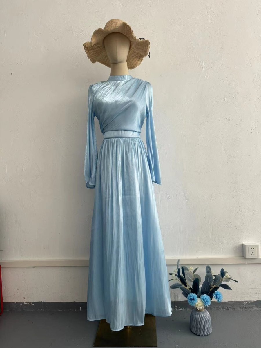 Elegant French Waist Pleated Half - Turtleneck Flared Sleeve Dresses Abaya Wedding Guest Gown. (MA199) - Mariam's Collection