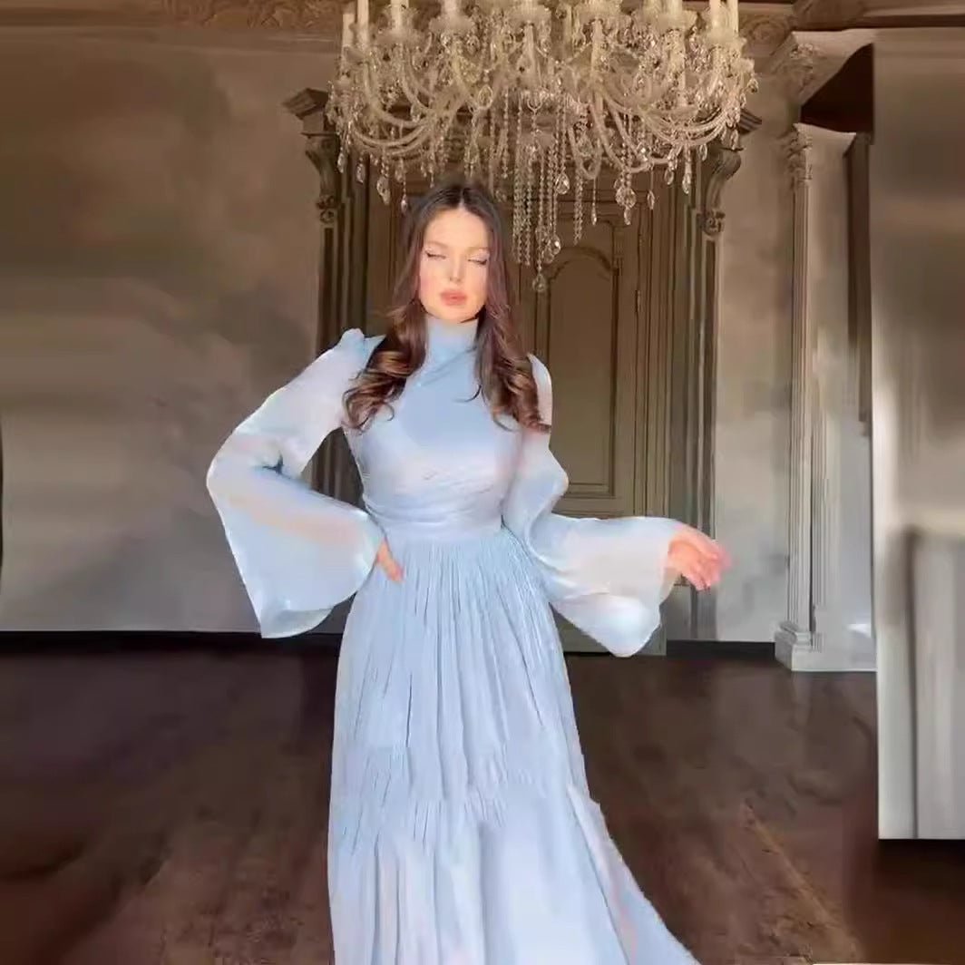 Elegant French Waist Pleated Half - Turtleneck Flared Sleeve Dresses Abaya Wedding Guest Gown. (MA199) - Mariam's Collection