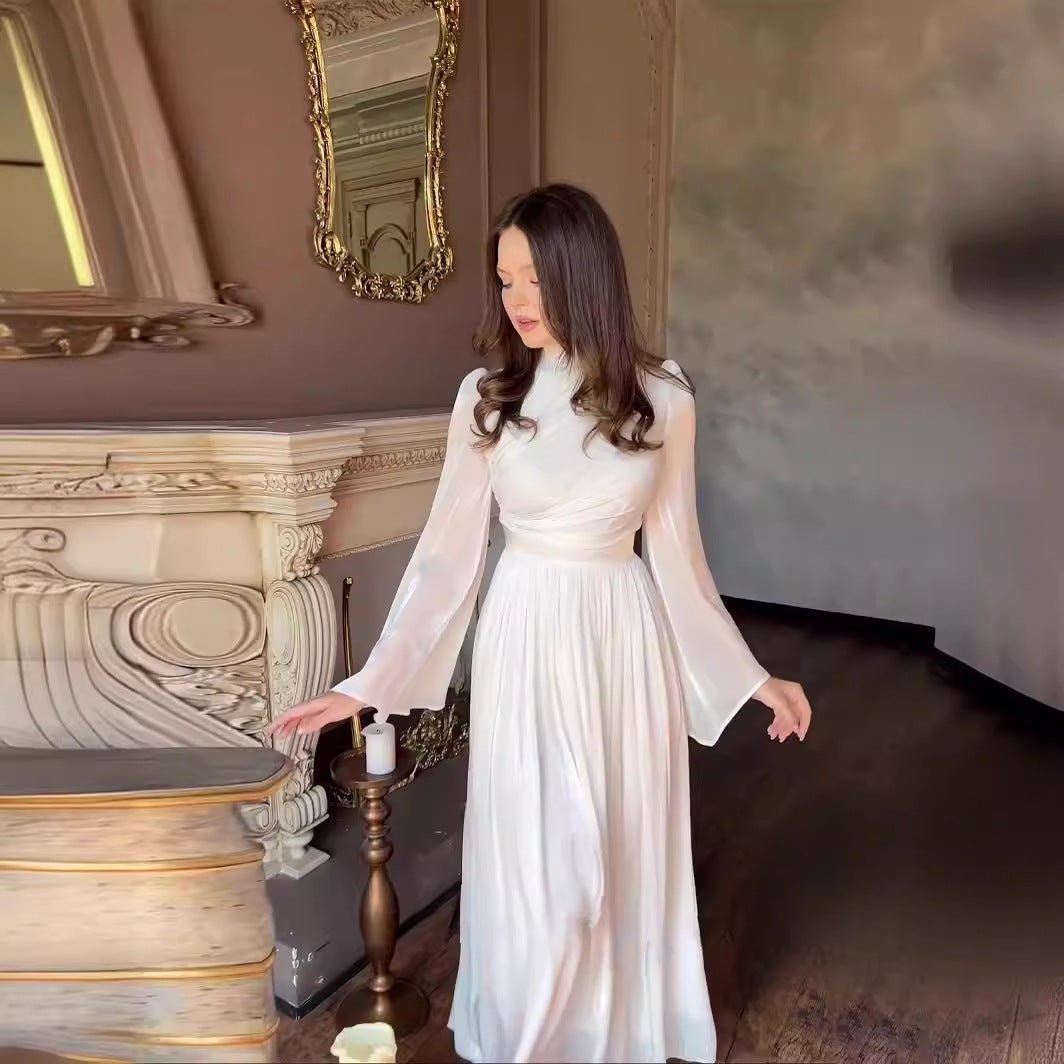 Elegant French Waist Pleated Half - Turtleneck Flared Sleeve Dresses Abaya Wedding Guest Gown. (MA199) - Mariam's Collection