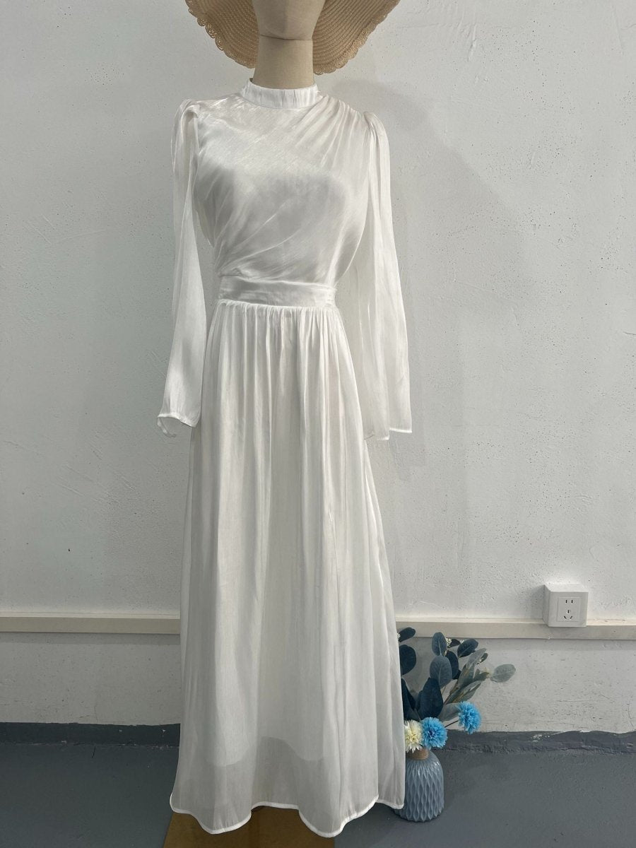 Elegant French Waist Pleated Half - Turtleneck Flared Sleeve Dresses Abaya Wedding Guest Gown. (MA199) - Mariam's Collection