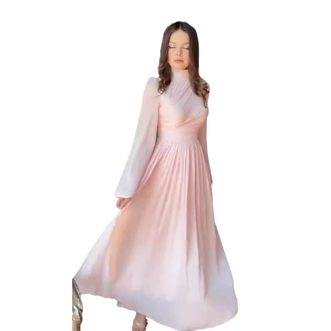 Elegant French Waist Pleated Half - Turtleneck Flared Sleeve Dresses Abaya Wedding Guest Gown. (MA199) - Mariam's Collection