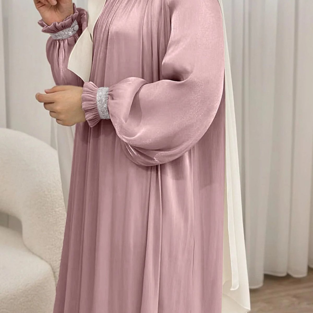 Elegant Glossy Flower Cuff Sequinned Abaya (MA140) - Mariam's Collection