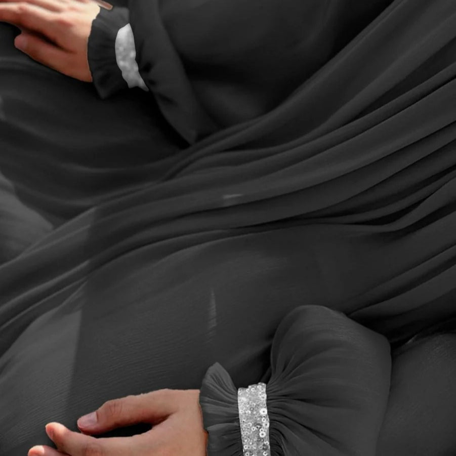 Elegant Glossy Flower Cuff Sequinned Abaya (MA140) - Mariam's Collection