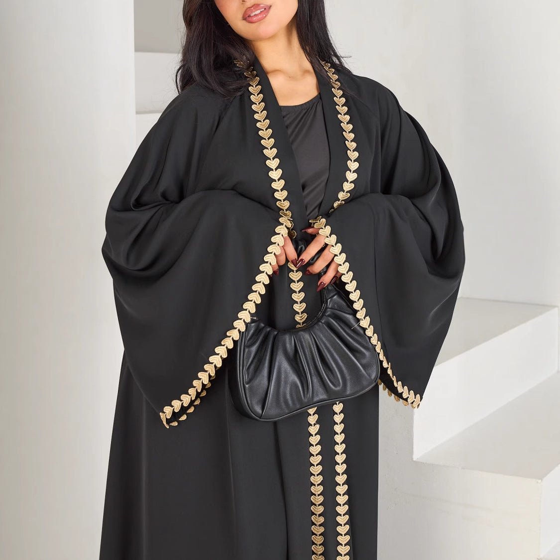 Elegant Gold Heart - Trim Loose Trimmed Cardigan Open Front Abaya. (MOA162) - Mariam's Collection