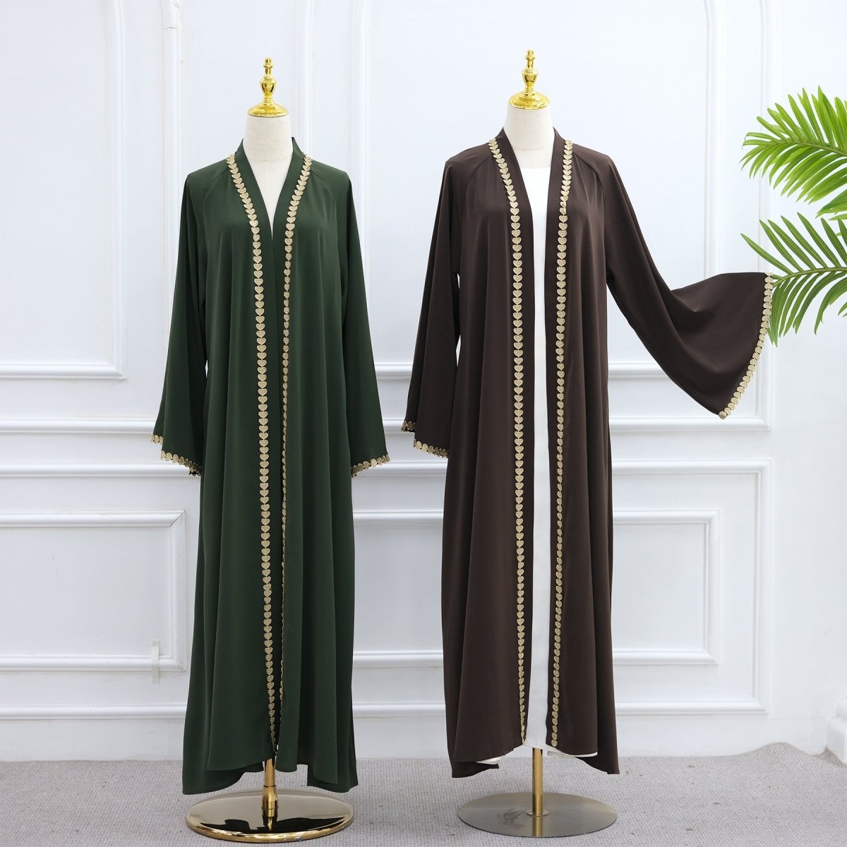 Elegant Gold Heart - Trim Loose Trimmed Cardigan Open Front Abaya. (MOA162) - Mariam's Collection