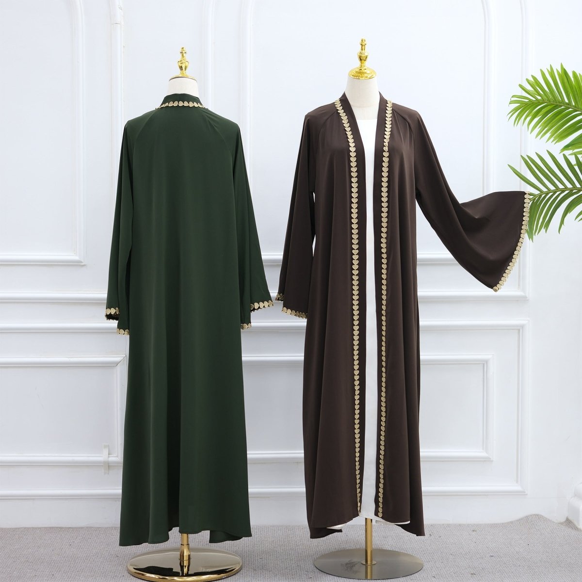 Elegant Gold Heart - Trim Loose Trimmed Cardigan Open Front Abaya. (MOA162) - Mariam's Collection