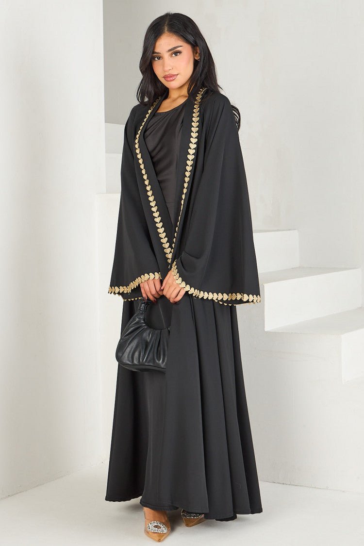 Elegant Gold Heart - Trim Loose Trimmed Cardigan Open Front Abaya. (MOA162) - Mariam's Collection