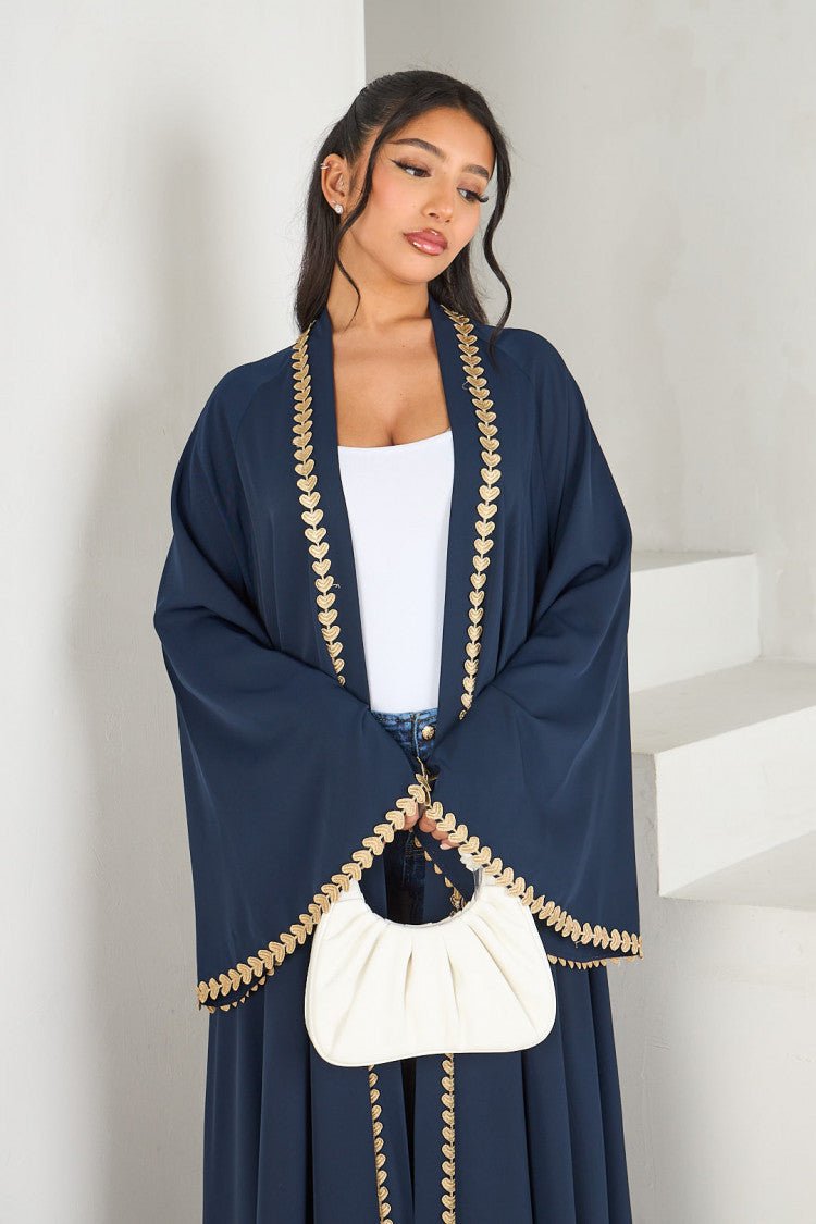 Elegant Gold Heart - Trim Loose Trimmed Cardigan Open Front Abaya. (MOA162) - Mariam's Collection