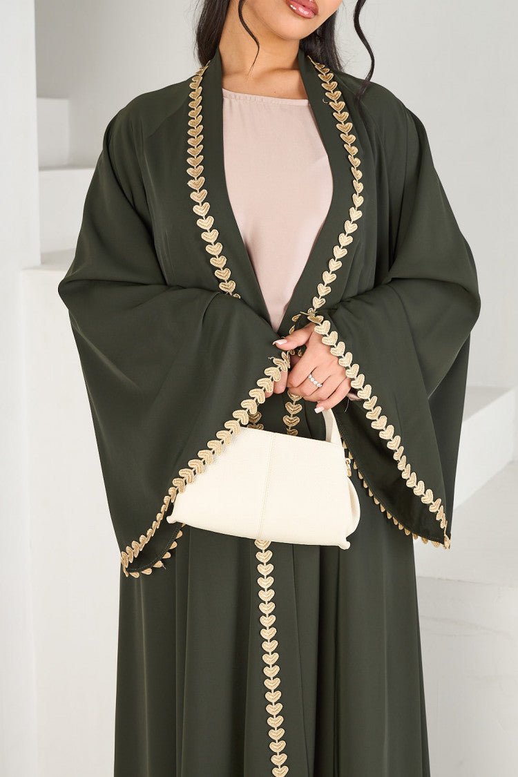 Elegant Gold Heart - Trim Loose Trimmed Cardigan Open Front Abaya. (MOA162) - Mariam's Collection