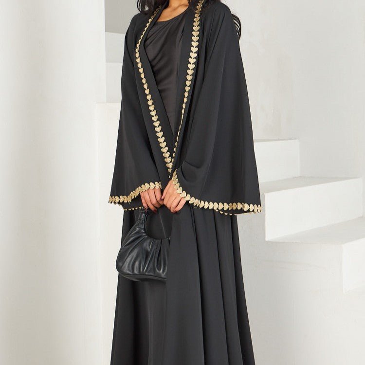 Elegant Gold Heart - Trim Loose Trimmed Cardigan Open Front Abaya. (MOA162) - Mariam's Collection