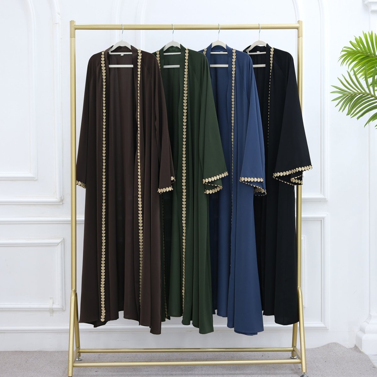 Elegant Gold Heart - Trim Loose Trimmed Cardigan Open Front Abaya. (MOA162) - Mariam's Collection