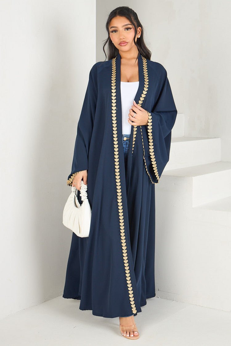 Elegant Gold Heart - Trim Loose Trimmed Cardigan Open Front Abaya. (MOA162) - Mariam's Collection
