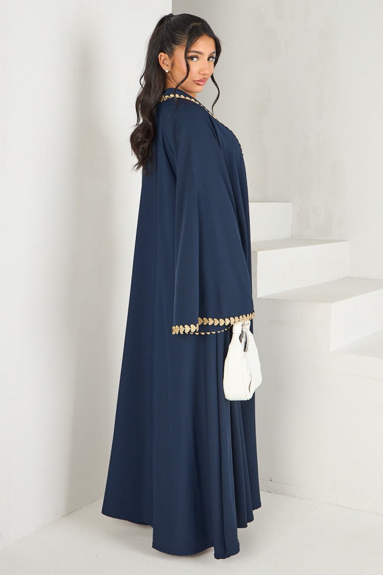 Elegant Gold Heart - Trim Loose Trimmed Cardigan Open Front Abaya. (MOA162) - Mariam's Collection
