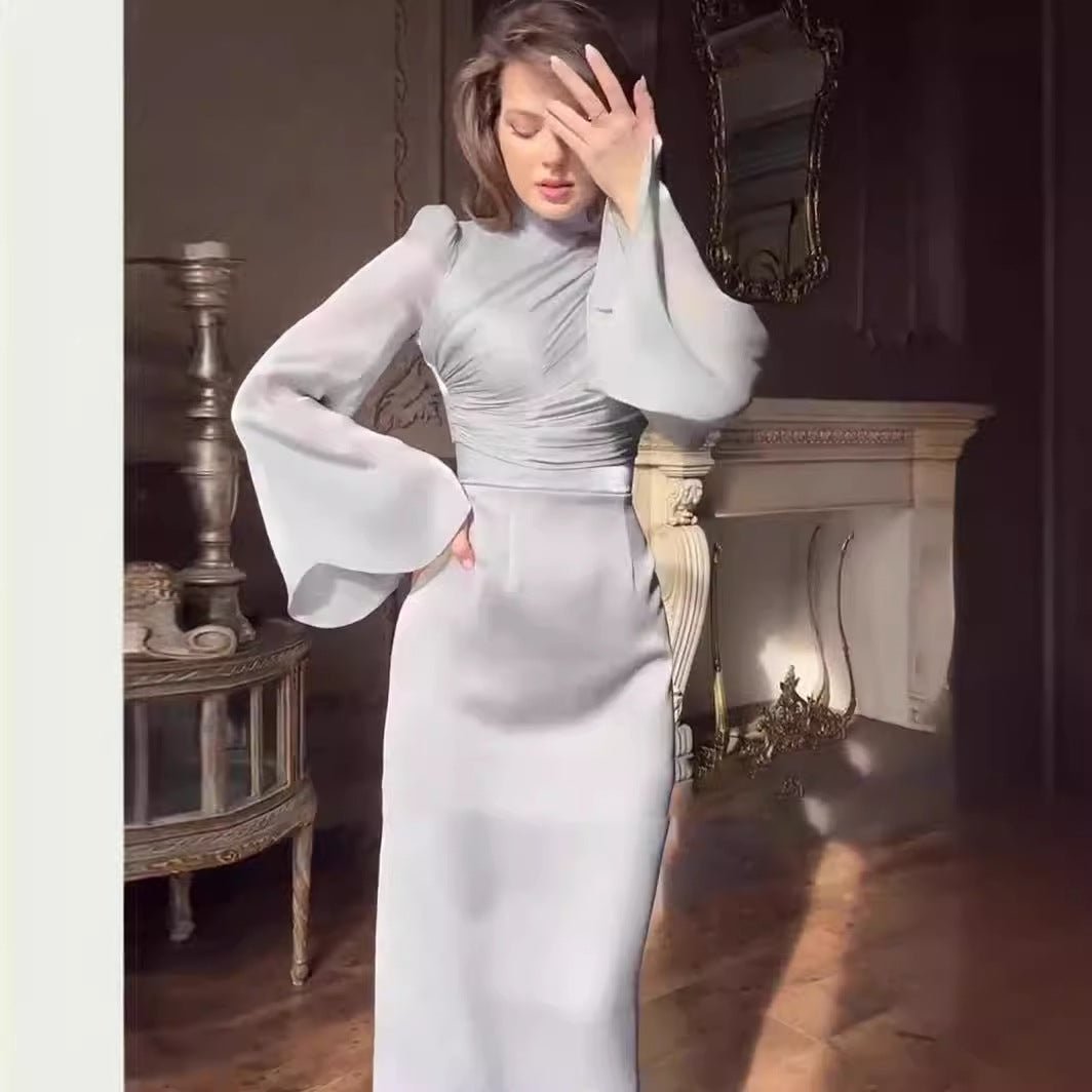 Elegant Half - Turtleneck Flared Sleeve French Pleated Dress Abaya. (MA198) - Mariam's Collection