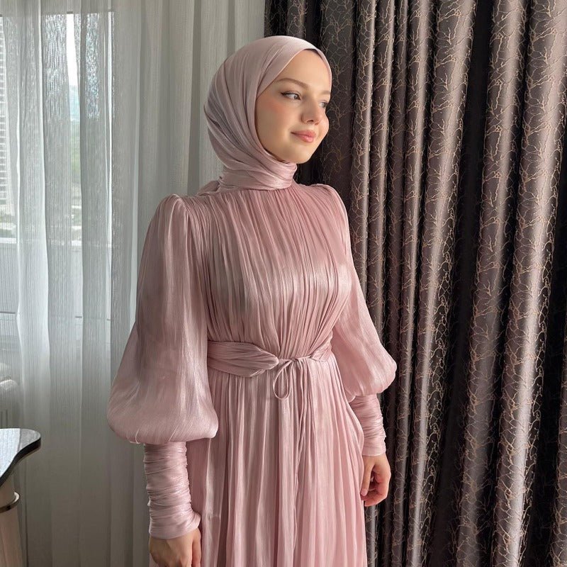 Elegant Half - Turtleneck Princess Sleeve Dress Set with Belt | Pleated Full Skirt Two - Piece(MA320) - Mariam's Collection