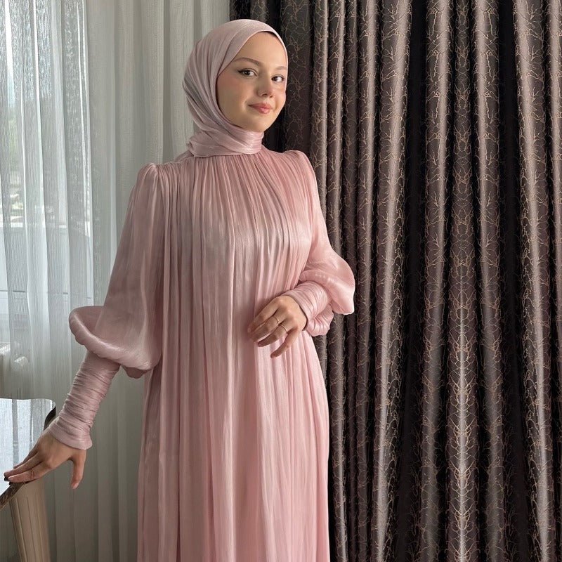 Elegant Half - Turtleneck Princess Sleeve Dress Set with Belt | Pleated Full Skirt Two - Piece(MA320) - Mariam's Collection