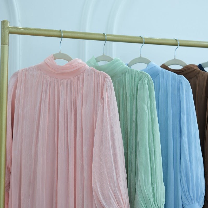 Elegant Half - Turtleneck Princess Sleeve Dress Set with Belt | Pleated Full Skirt Two - Piece(MA320) - Mariam's Collection