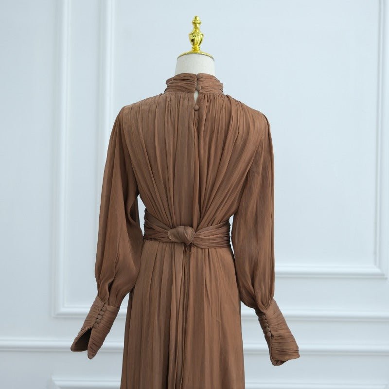 Elegant Half - Turtleneck Princess Sleeve Dress Set with Belt | Pleated Full Skirt Two - Piece(MA320) - Mariam's Collection
