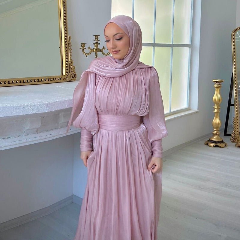 Elegant Half - Turtleneck Princess Sleeve Dress Set with Belt | Pleated Full Skirt Two - Piece(MA320) - Mariam's Collection