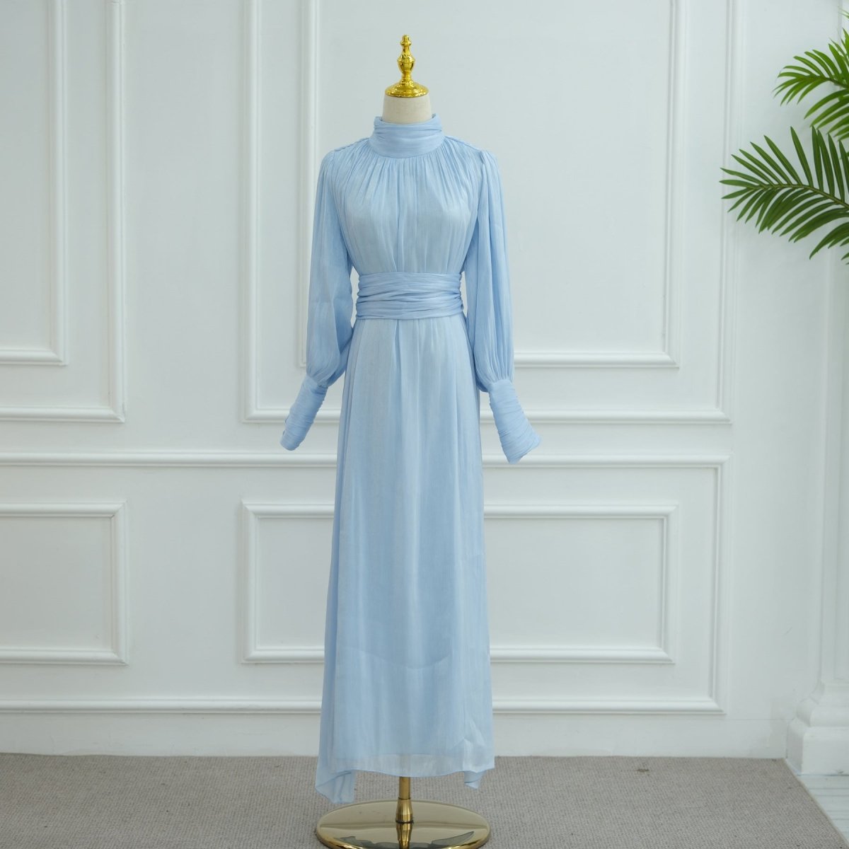 Elegant Half - Turtleneck Princess Sleeve Dress Set with Belt | Pleated Full Skirt Two - Piece(MA320) - Mariam's Collection