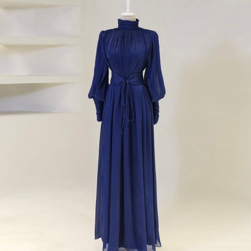 Elegant Half - Turtleneck Princess Sleeve Dress Set with Belt | Pleated Full Skirt Two - Piece(MA320) - Mariam's Collection