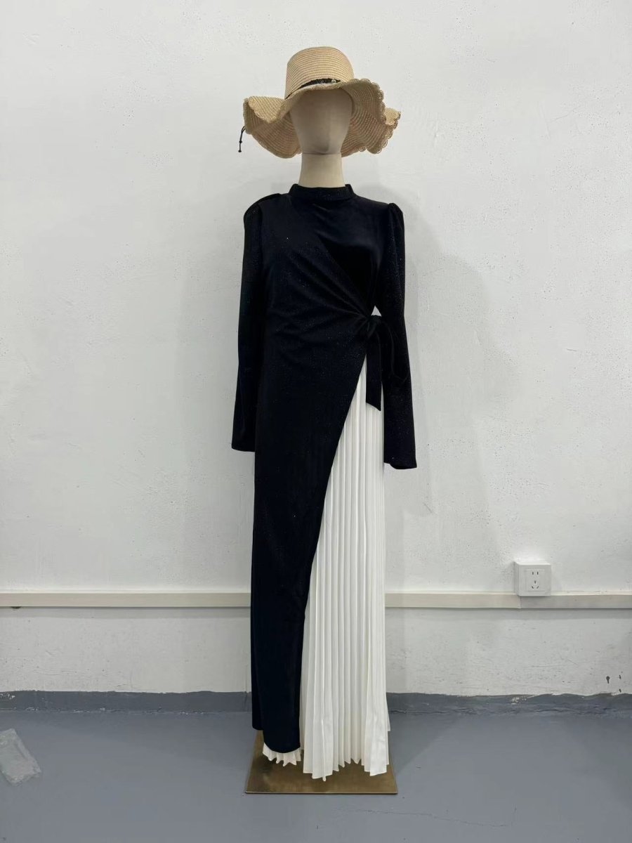 Elegant High Neck Long Sleeve Black & White Spliced Pleated Dress Abaya with Puffed Shoulders. (MA195) - Mariam's Collection