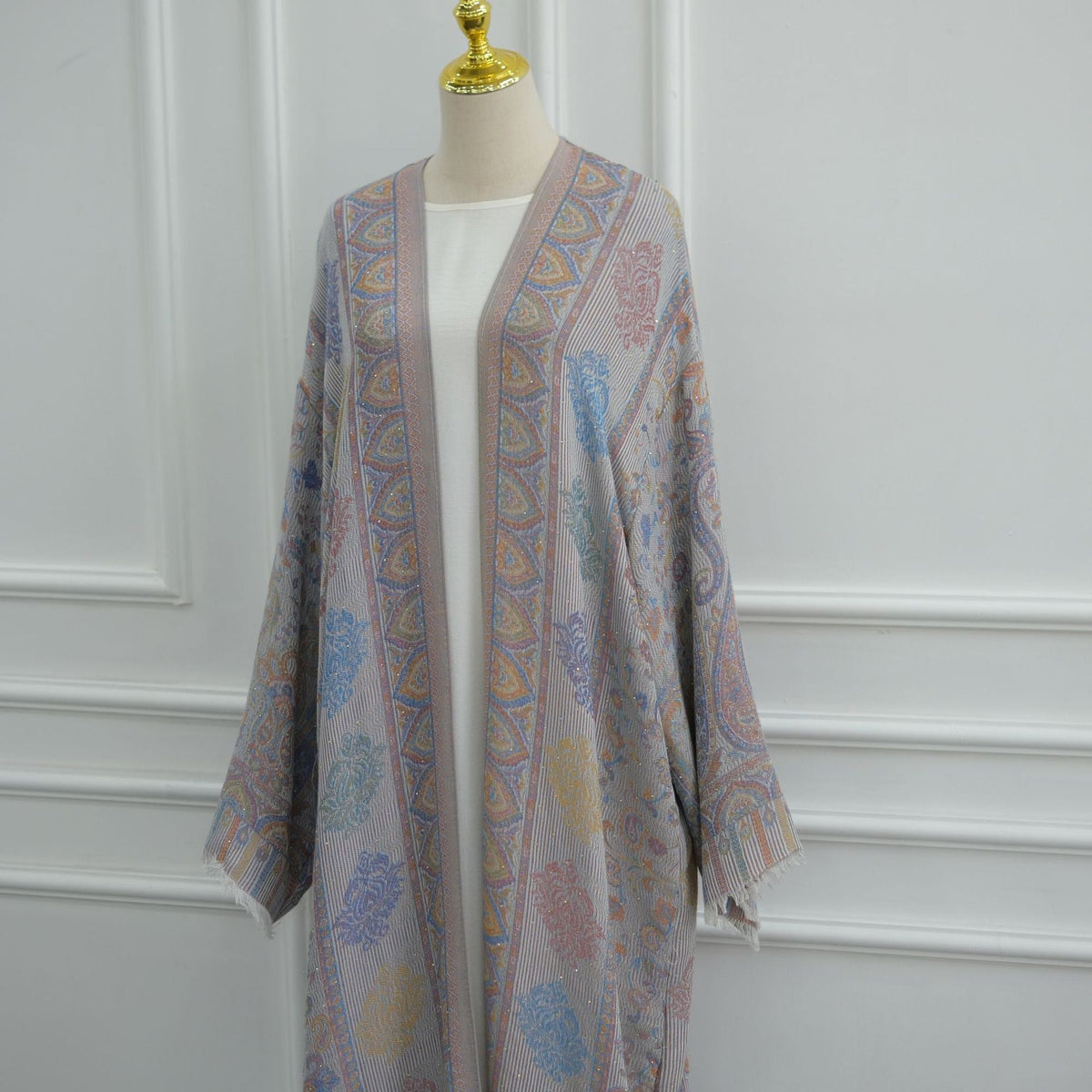 Elegant Jacquard Rhinestone Cardigan & Hijab 2-Piece Set(MOA349) - Mariam's Collection