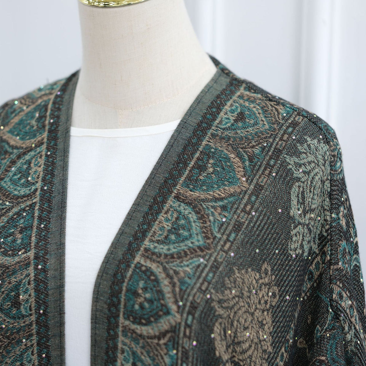 Elegant Jacquard Rhinestone Cardigan & Hijab 2-Piece Set(MOA349) - Mariam's Collection