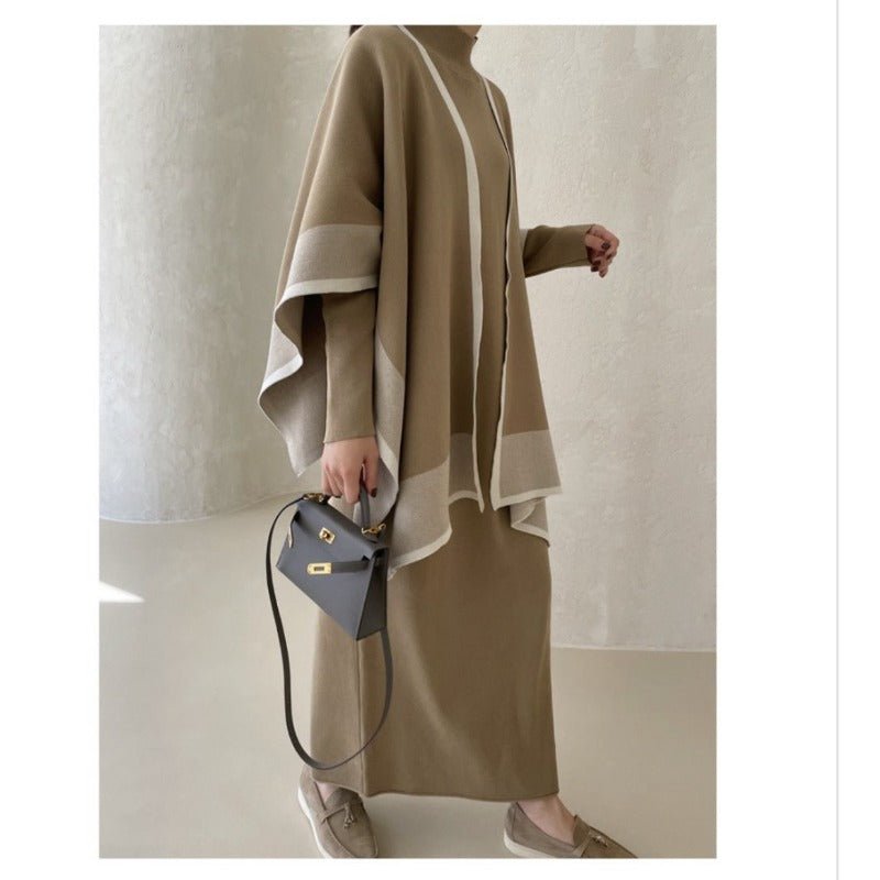 Elegant Knit Shawl & Half - Turtleneck Maxi Dress Set | Two - Piece Modest Outfit(MS117) - Mariam's Collection