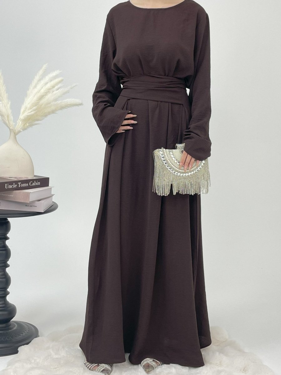 Elegant Lace - Up Ice Crape Abaya Evening Gown.(MA160) - Mariam's Collection