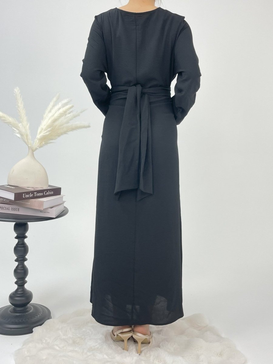 Elegant Lace - Up Ice Crape Abaya Evening Gown.(MA160) - Mariam's Collection