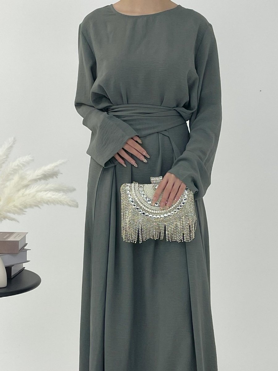 Elegant Lace - Up Ice Crape Abaya Evening Gown.(MA160) - Mariam's Collection