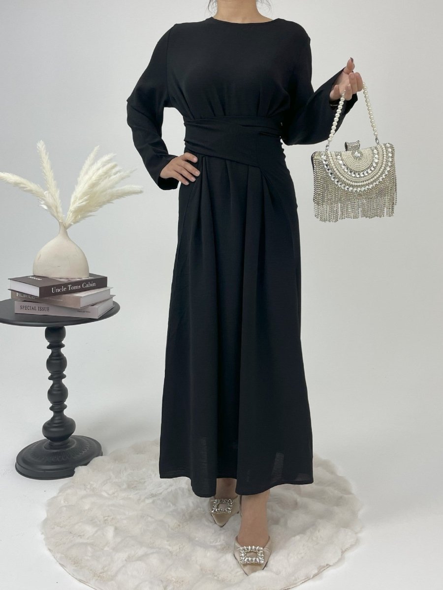 Elegant Lace - Up Ice Crape Abaya Evening Gown.(MA160) - Mariam's Collection
