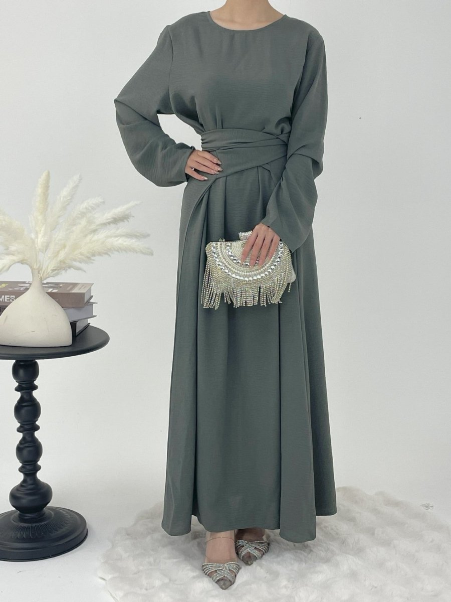 Elegant Lace - Up Ice Crape Abaya Evening Gown.(MA160) - Mariam's Collection