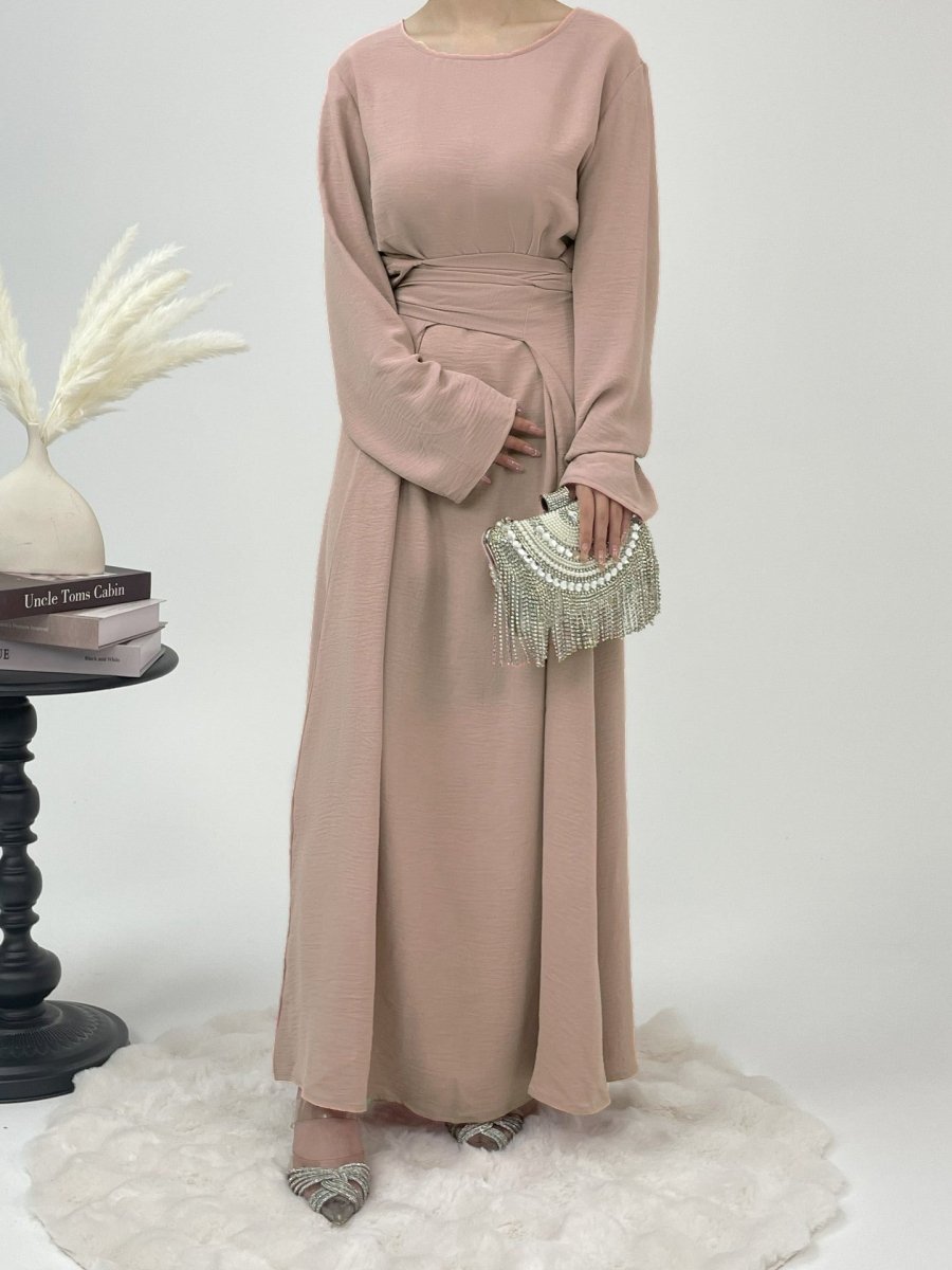 Elegant Lace - Up Ice Crape Abaya Evening Gown.(MA160) - Mariam's Collection
