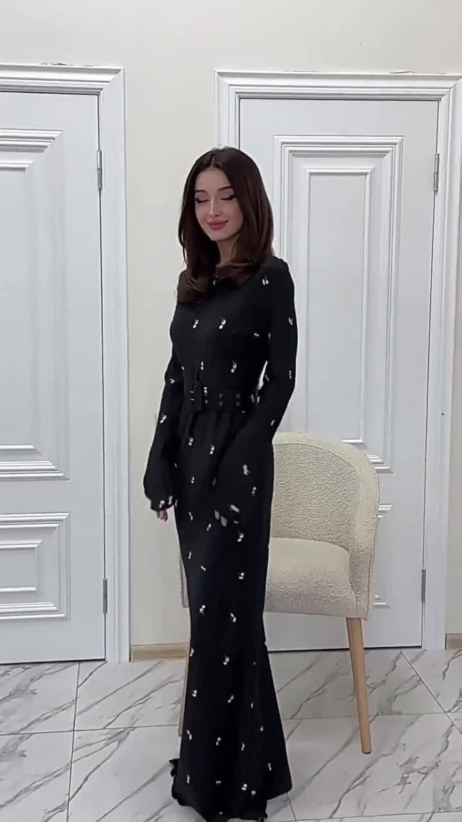 Elegant Long - Sleeve Floral Slim - Fit A - Line Dress with Ruffles & Belt. (MA203) - Mariam's Collection