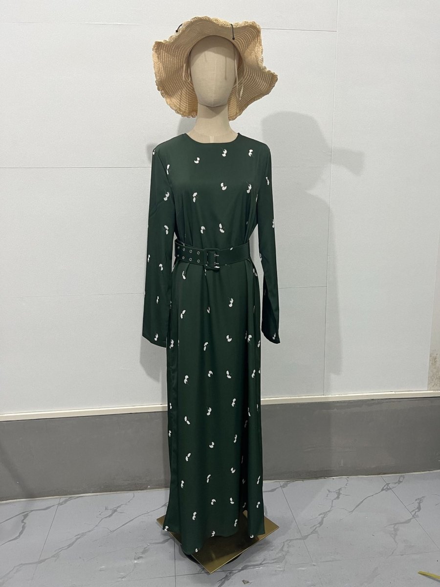 Elegant Long - Sleeve Floral Slim - Fit A - Line Dress with Ruffles & Belt. (MA203) - Mariam's Collection