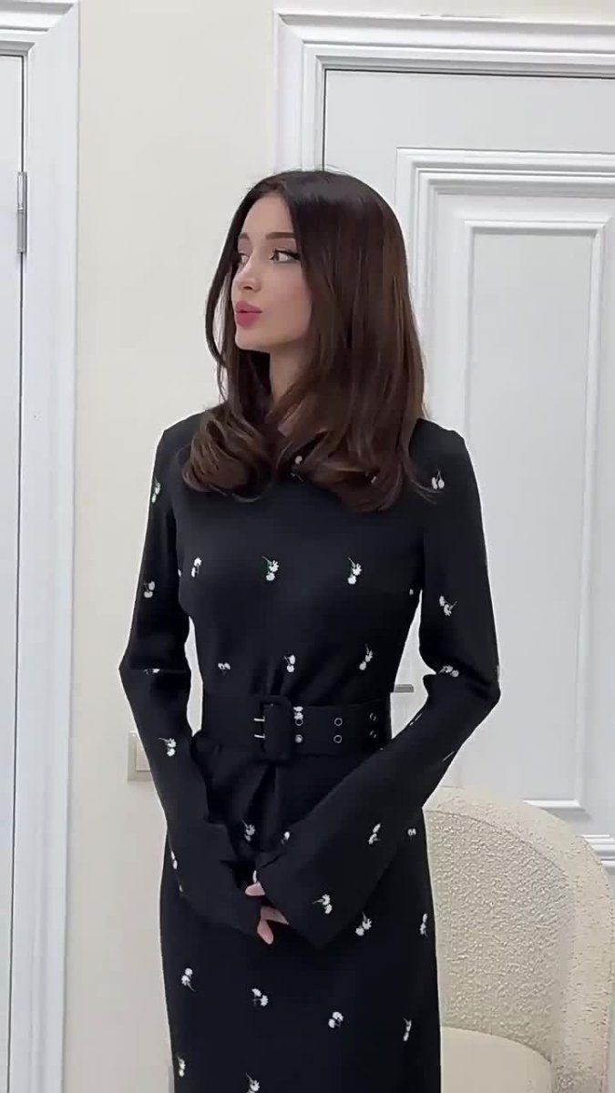 Elegant Long - Sleeve Floral Slim - Fit A - Line Dress with Ruffles & Belt. (MA203) - Mariam's Collection