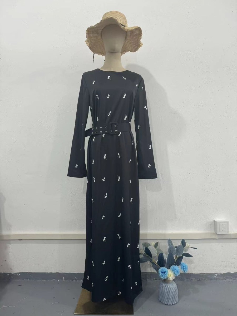 Elegant Long - Sleeve Floral Slim - Fit A - Line Dress with Ruffles & Belt. (MA203) - Mariam's Collection